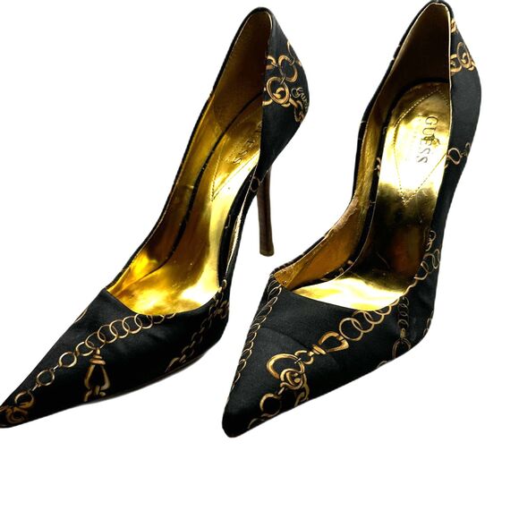 Guess by Marciano Fabric Pointed Toe Leather Sole Gold Chain Pumps - Women 8 - Picture 1 of 9